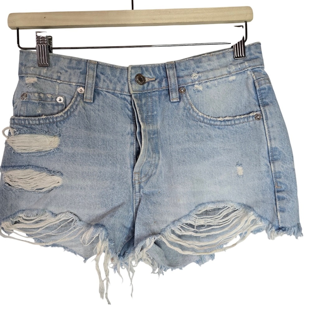 Zara‎ Womens Light Wash Distressed Denim Shorts Button Fly High Rise Size 4 26